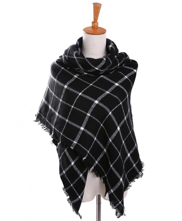 Bess Bridal Women's Plaid Blanket Winter Scarf Warm Cozy Tartan Wrap Oversized Shawl Cape - Black - CE186HL7289