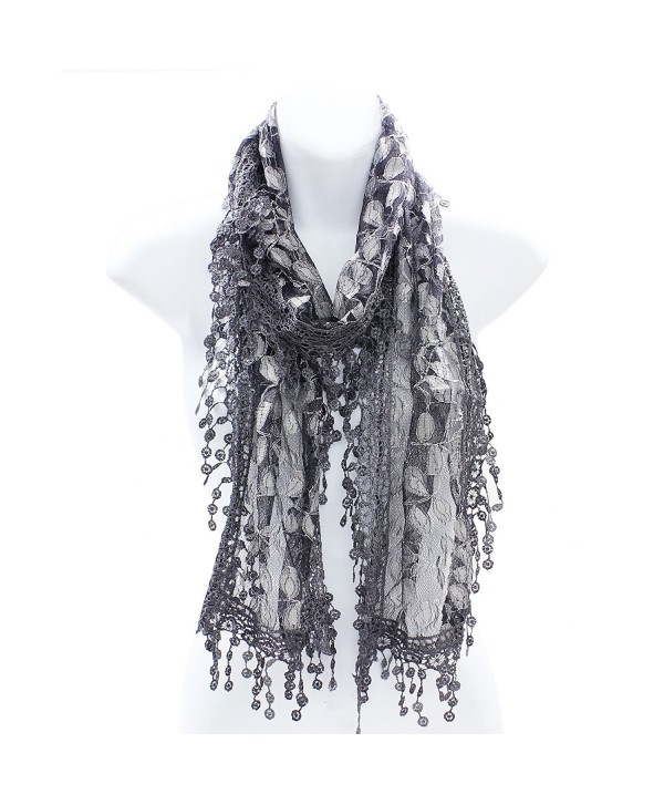 AN Fashion Leafy Lace Scarf Womens With Tassels - Dark Gray - CV121WMHQS5