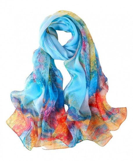 Long Chiffon Silk Scarf Floral Print - Blue Floral - CC1842MUAZE