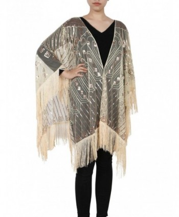 Kayamiya Women's Evening Shawl Wraps 1920s Sequin Beaded Cape With Fringe - Champagne - CY189KR8C89