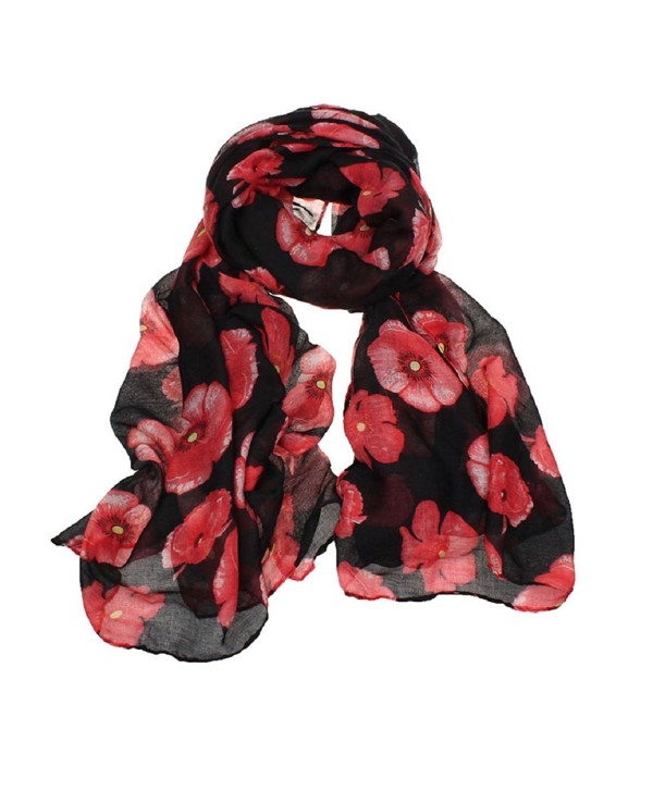 Malloom Charm Red Poppy Print Long Scarf Flower Beach Voile Wrap Ladies Stole... - Black - CK129IVB20F