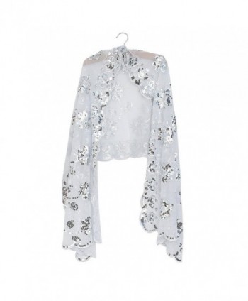 Silver White Fashionable Flower Decoration Sequin Bridal Shawl Cape Wedding Party Evening Sheer Wrap - CJ11OQYY7K7