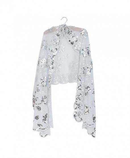 Silver White Fashionable Flower Decoration Sequin Bridal Shawl Cape Wedding Party Evening Sheer Wrap - CJ11OQYY7K7