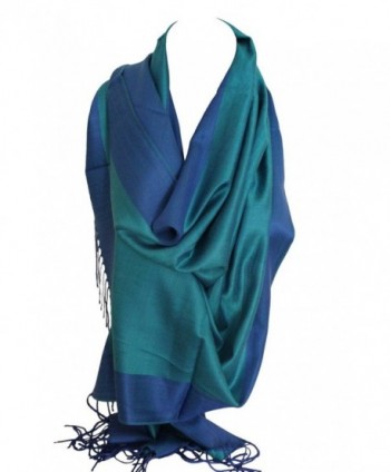 Two Sided Reversible Plain Pashmina Feel Wrap Scarf Shawl Stole Head Scarves - Green & Blue - C112O020V1U