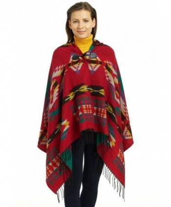 So'each Women's Aztec Winter Hooded Poncho Cape Sweater Knit Shawl Wrap - Red - CM128TJ2OOF