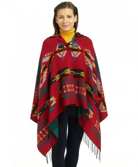 So'each Women's Aztec Winter Hooded Poncho Cape Sweater Knit Shawl Wrap - Red - CM128TJ2OOF