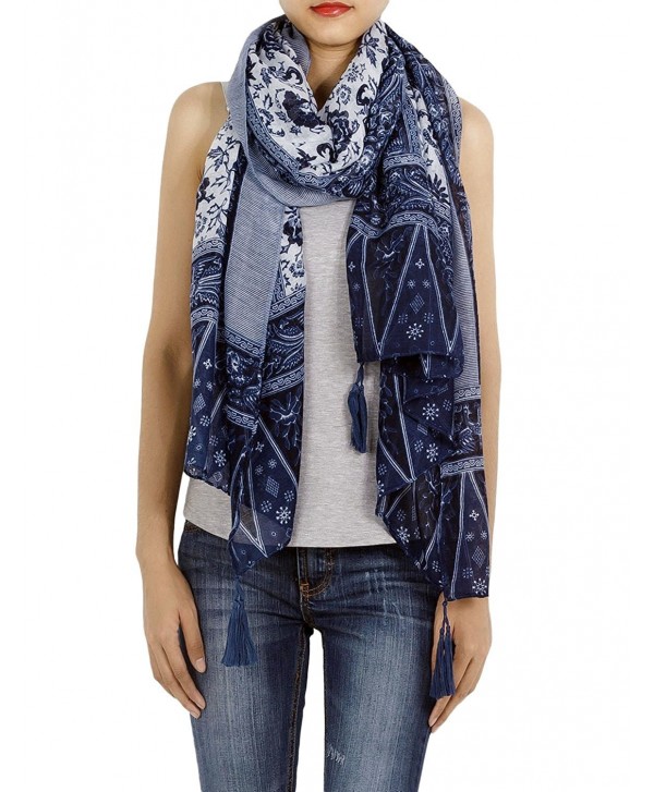 iB-iP Women's Blue-White Porcelain Print Gorgeous Lightweight Long Fashion Scarf - Royal - C411R17E0PX