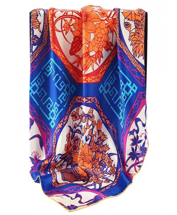 Grace Scarves 100% Silk Scarf- Large- Charmeuse - Floral Baskets- Blue/Orange - CB188QT752X