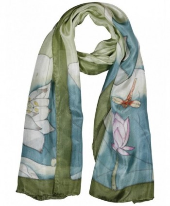 Invisible World Women's 100% Silk Hand Painted Scarf Dragonfly and Lotus - CC11L7QINJX