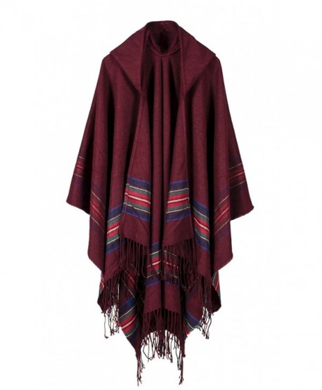 Hiwil Women Cashmere Hooded Cardigans Stripe Ponchos Cold Weather Scarves with Tassels One Size - Ruby - C7185Q5CCN6