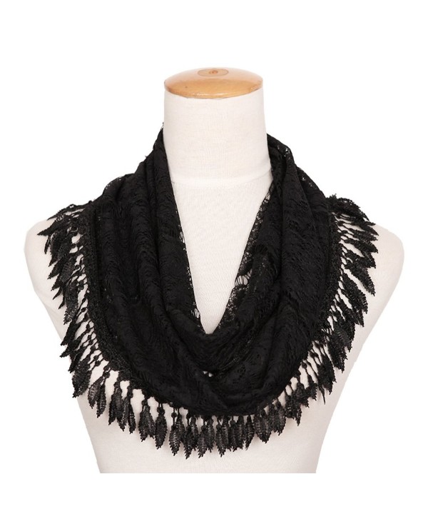 MissShorthair Womens Lightweight Lace Infinity Scarf with Tassels - Black Luck Leaf - CF1802TTOO5