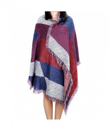 MaxMaxi Wool Spinning Tweed Asymmetrical Scarf Block Stripe Plaid Shawl Wraps - Wine Red - CF126LBJBLH