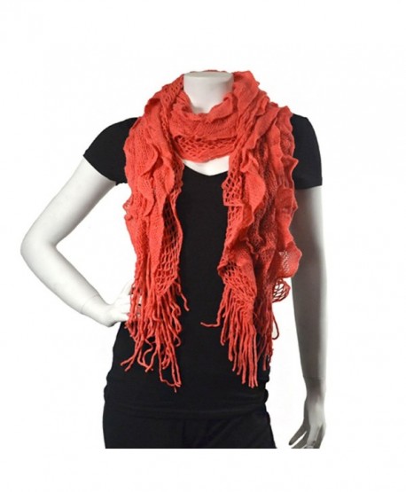 Purse babe Womens Net Chain Knitted Chunky Curly Scarf shawl With Lace And Fringe - Coral - C311QIFRWD1