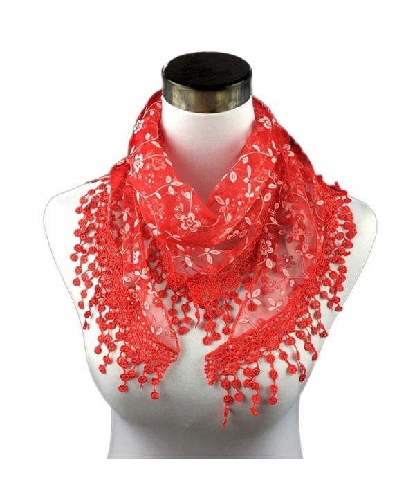 Iusun Soft Lace Tassel Sheer Burntout Floral Print Scarf Shawl Triangle Mantilla Wrap - Red - CC12N4Q1T5W