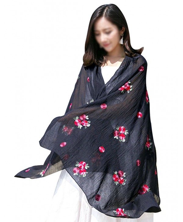 Women Exotic Style Floral Embroidery Silk Scarf Cotton Linen Pashmina Shawl Wrap Scarves - Black - C6184WIQKRT