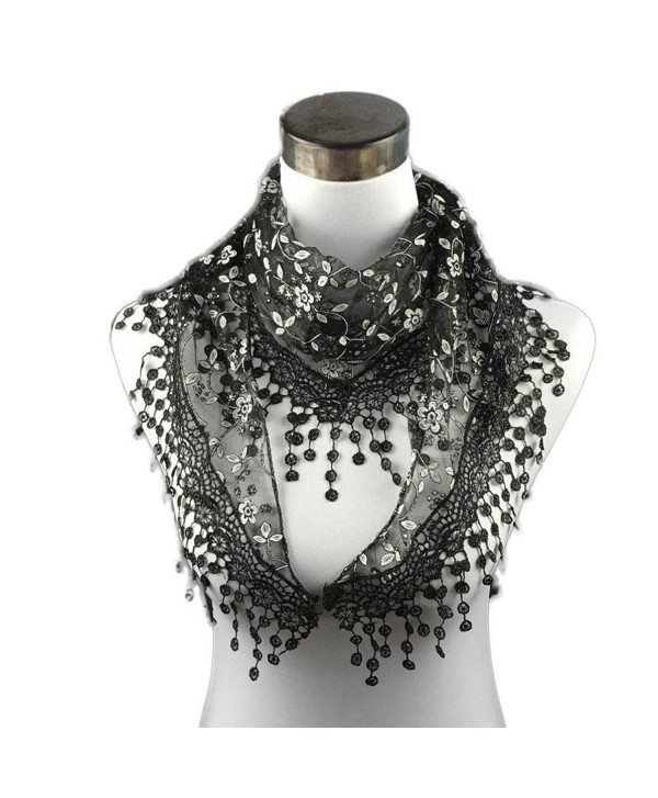 DEESEE(TM) Lace Tassel Sheer Burntout Floral Print Triangle Mantilla Scarf Shawl - Black - CI12MAT8T3U