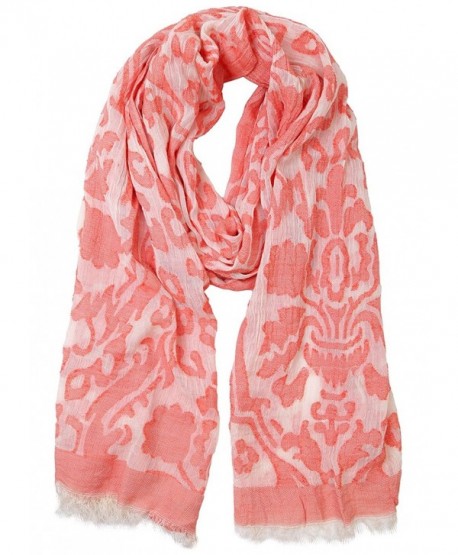 Funky Junque's Women's Spring/Summer Floral Damask Frayed Fringe Edge Scarf - Coral - C412DUC9SYP