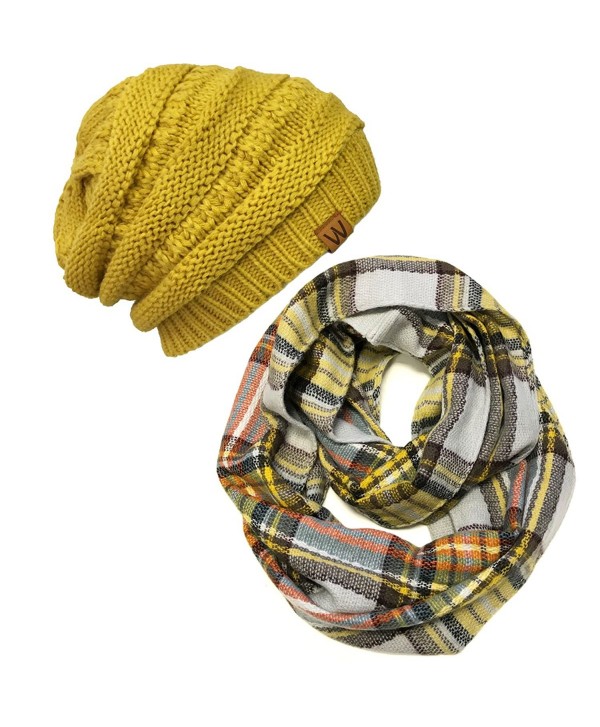 Wrapables Plaid Print Winter Infinity Scarf and Beanie Hat Set- Tan and Orange - CZ12O0U7AYX