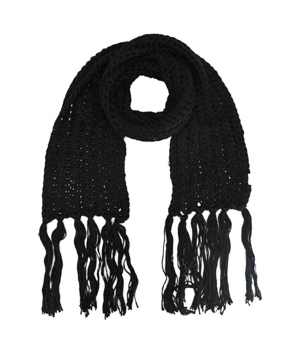 Thick Knit Long Winter Scarf With Fringe - Black - CD1158F4PFF