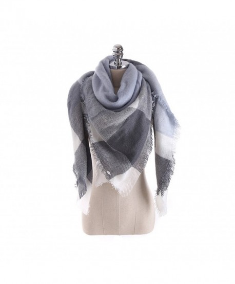 Women FW Geometric Patterns Grid Tassel Cashmere Large Tippet Square Scarf - Light Blue - CB12MDJZFBB