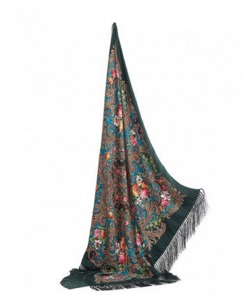 Ladies Floral Shawl With Tassels Ukrainian Polish Russian Head Scarf 43" x 43" - Dark Green - CW17YLZWI5G