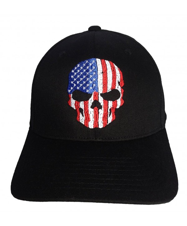 Skull USA Flag Embroidery on a Flexfit Hat. - Black - C011OT617JL