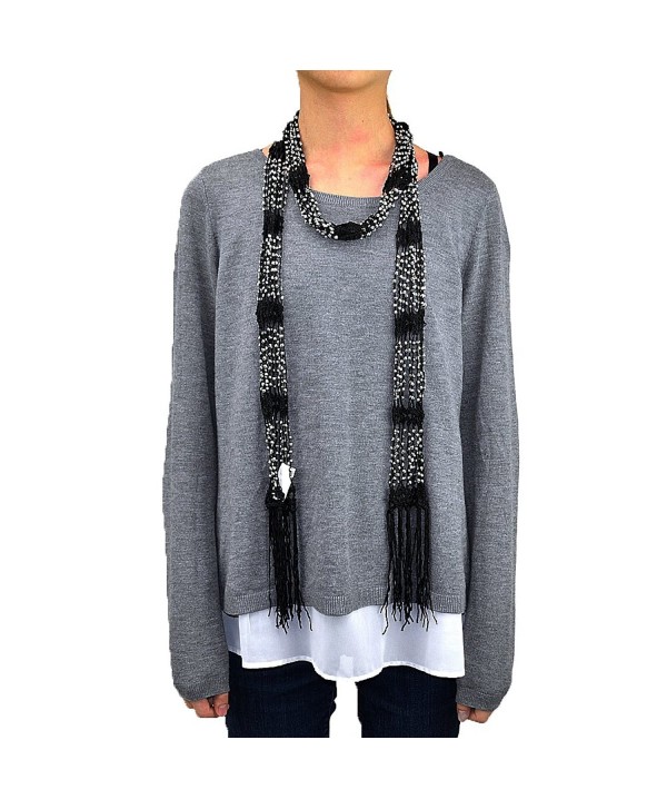 Crocheted Beads Bling Scarf with Fringe - Black - C912EM9S5U3