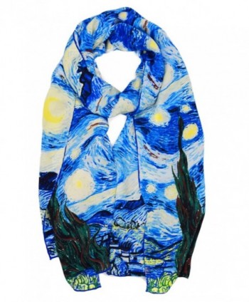 ELEGNA Women 100% Silk Art Collection Scarves Long Shawl Hand Rolled Edge - Van Gogh's Light Starry Night - C61887N8ALU