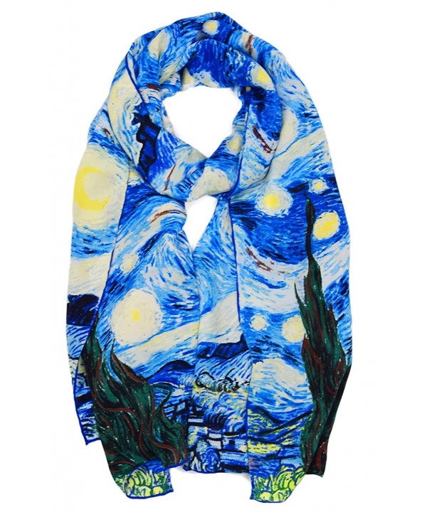 ELEGNA Women 100% Silk Art Collection Scarves Long Shawl Hand Rolled Edge - Van Gogh's Light Starry Night - C61887N8ALU