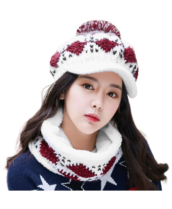 Siggi Womens Knit Visor Beanie Winter Hat&Scarf Sets Fleece Mask Neck Warmer - 89217_burgundy - CR188DK08XM