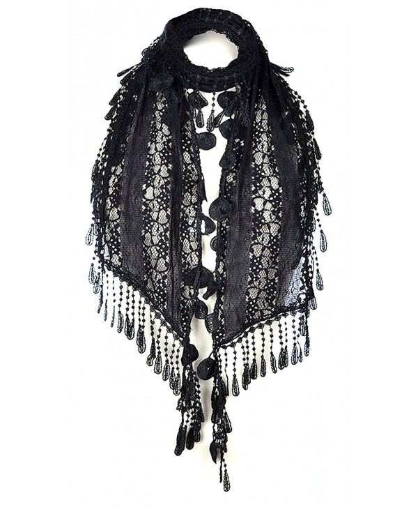 AN Lace Scarf Romantic Unique Duo Tassels Circle Teardrops Fringe Womens Fashion - Black - CS12OBR8DHK