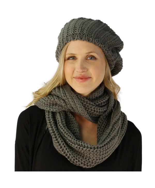 Ladies 2pc Winter Knit Beret Tam Beaniel Hat Long Infinity Scarf Solid Set - Gray - CY11P5F9M3D