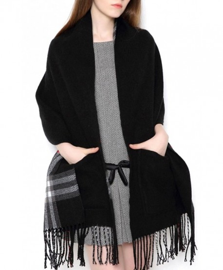 UTOVME Unisex Reversible Long Scarf Check Shawl Cashmere Feel Stole with Pocket - Black - C312J0KY94F