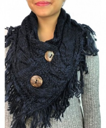 Women's Heather Fringe Shoulder Accent Coconut Buttons Cable Knit Shoulder Scarf Wrap YS-3680 - Navy - C0187WN7L95