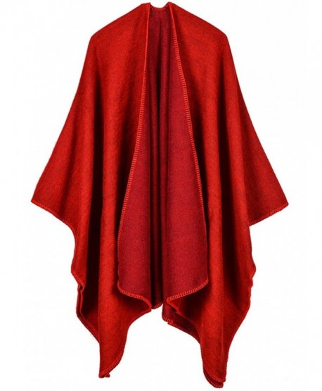 FEOYA Women's Solid Poncho Shawls Reversible Open Front Wrap Blanket Cardigant - Red - CW1867X7HHT