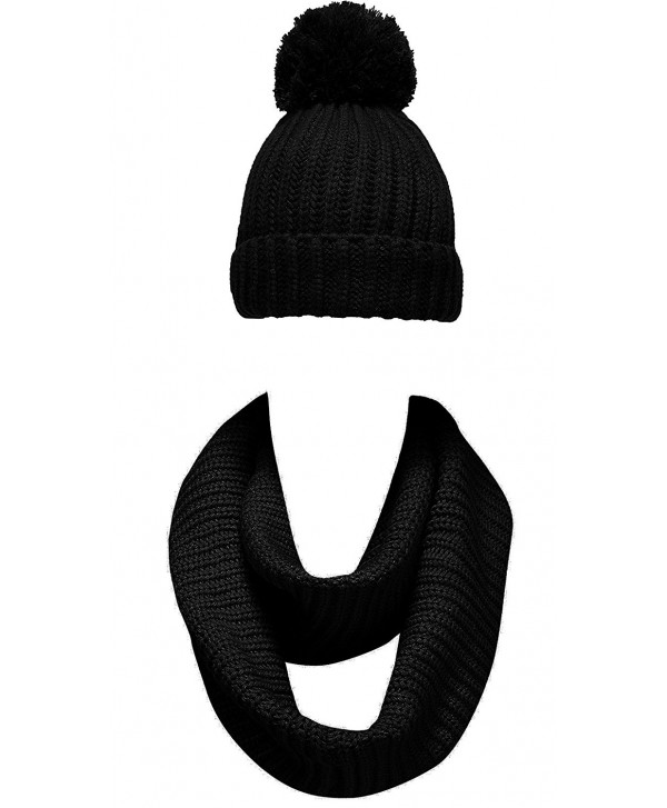 NEOSAN Women Winter Thick Knit Infinity Loop Scarf And Pom Pom Beanie Hat Set - Plain Knit Black - C1184UKQG2N