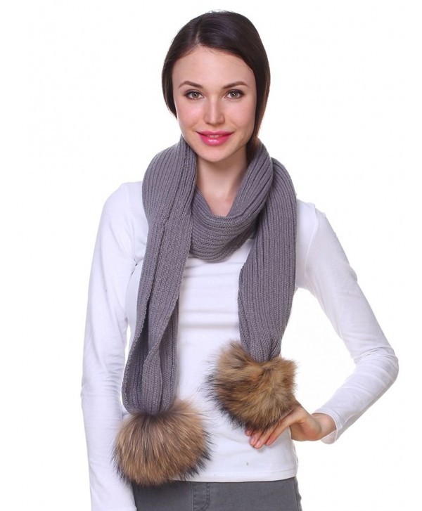 Ferand Ladies Women's Knitted Wool Scarf with Detachable Genuine Raccoon Fur Pom poms - Gray - CD12N26B56W