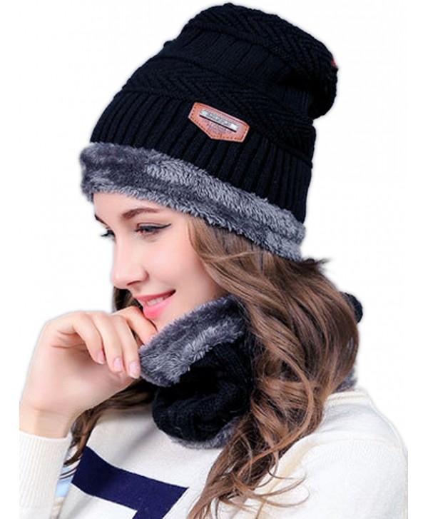 Aukmla Winter Thicker Warm Beanie Knitting Hat Scarf Set for Men and Women - Black - CU189ILIXT6