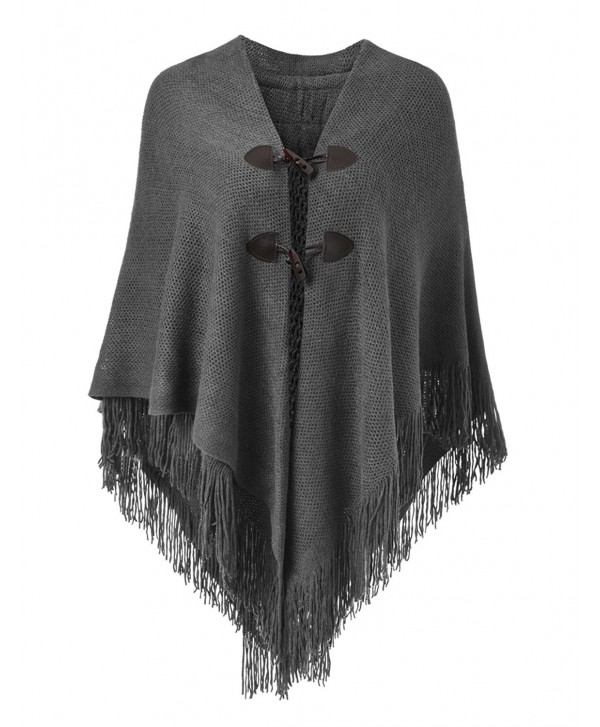 Ferand Women's Loose Fitting Poncho Cape Shawl With Stylish Horn Buttons- V Neckline and V Hem - Dark Grey - CP184HMIM2H