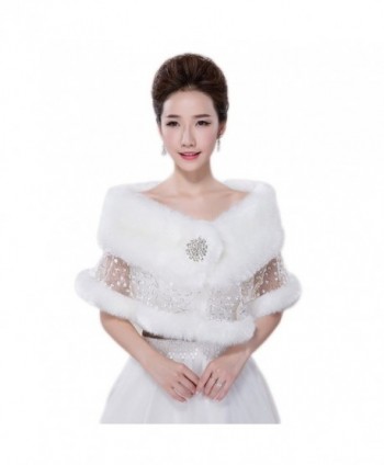 Women's White Sequins Faux Fur Shrug Wrap Shawl Bridal Bolero Stole Jacket Evening Party Dresses CP02 - White - CU12O76QHSO