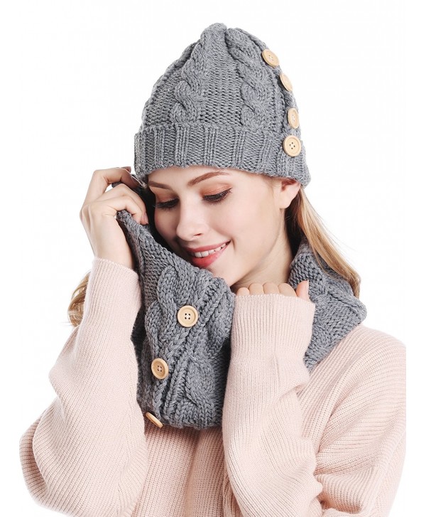 Bienvenu Women Lady Winter Warm Knitted Infinity Scarf and Beanie Hat Set - Gray - CL12MFYLZ1X