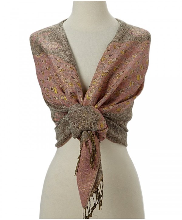 Tan's Double Layered Gold Thread Reversible Peacock Pashmina Scarf Shawl Wrap - Baby Pink & Taupe - CA12MY79LGC