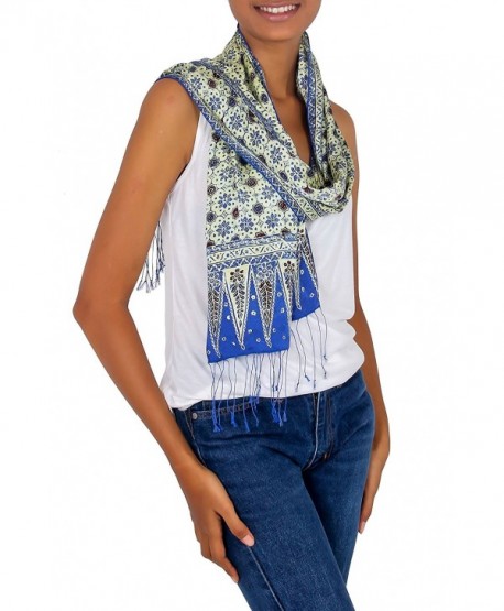 NOVICA Multicolor 100% Silk Hand Stamped Batik Scarf- 'Blue Jasmine' - C111700P9QZ