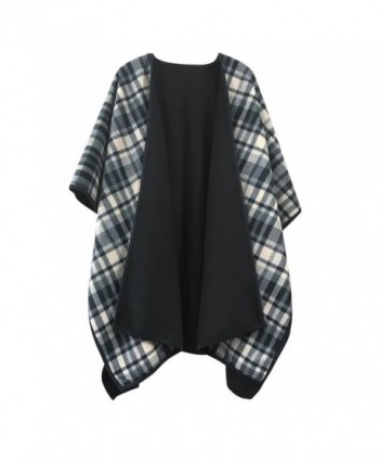 Winter Poncho Cape Women's Shawl Classic Black Plaid Open Front Reversible Sweater Cardigan Coat - CH186MZRHDU