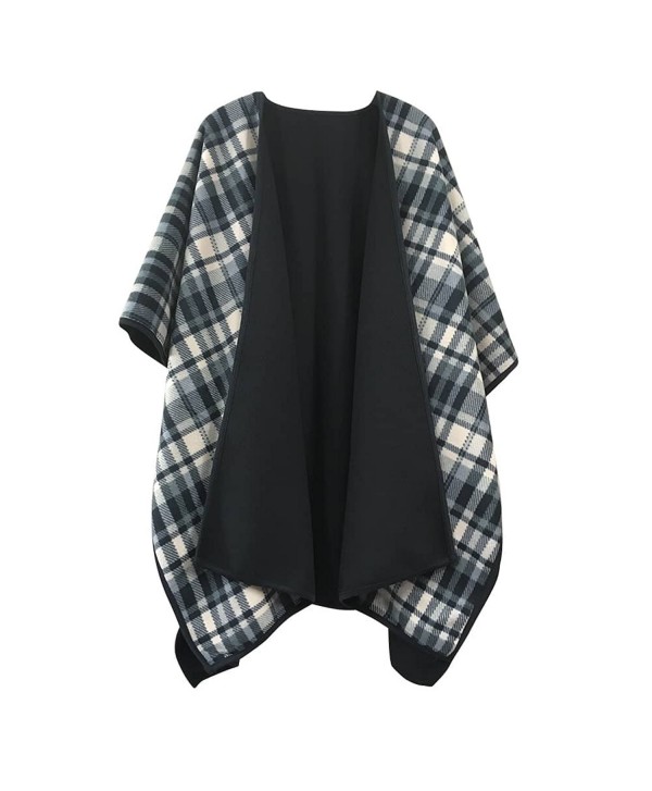 Winter Poncho Cape Women's Shawl Classic Black Plaid Open Front Reversible Sweater Cardigan Coat - CH186MZRHDU