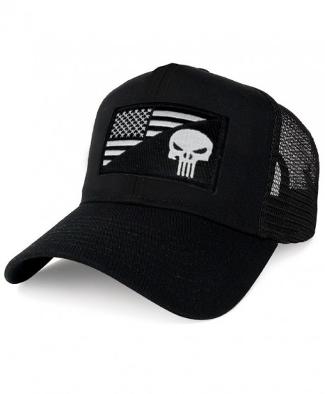 AC Racing USA American Flag Patch Snapback Trucker Mesh Cap - Black - Punisher Black White - CB1865XY7OH