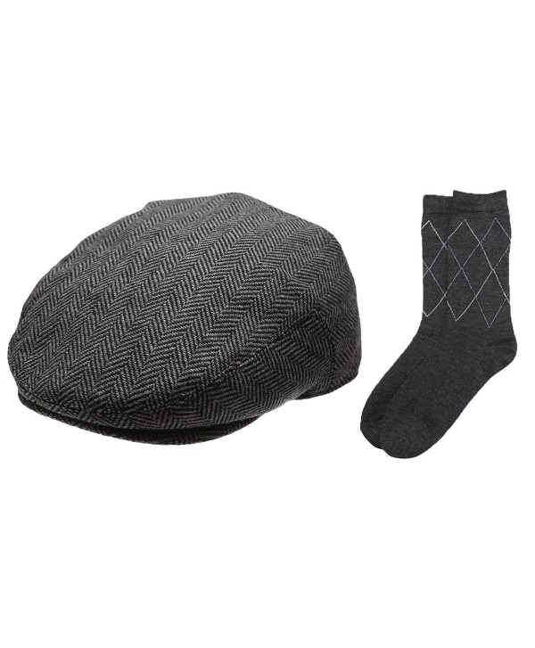 Newhattan Men's Collection Wool Blend Herringbone Tweed newsboy IVY Hat With Dress Socks. - Charcoal - CL12IJU0LEJ
