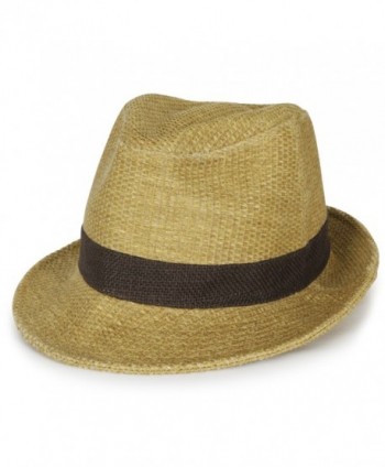 ililily Two-Tone Small Brim Structured Hemp Trilby Straw Classic Fedora Hat - Beige - CU17Z2DI8Z7