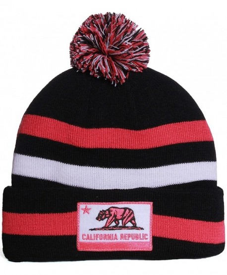 American Cities California Republic Cuff Beanie Knit Pom Pom Hat Cap - - Black Fuschia - CN11IW4JKJF