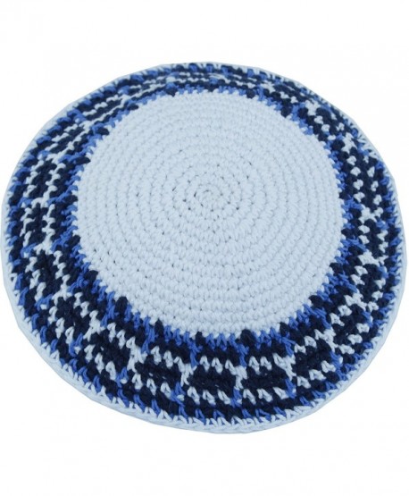 Holy Land Market White/Blue Model III- 17cm DMC 100% Knitted Cotton Kippah Yarmulke skullcap - CP12MZNU4Z3